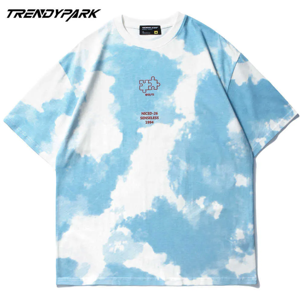 Męska koszulka Blue Sky Wzór Tie-barwnik Drukowane Shortsleeve Hip Hop Oversize Cotton Casual Harajuku Streetwear Top Tee Tshirts 210601