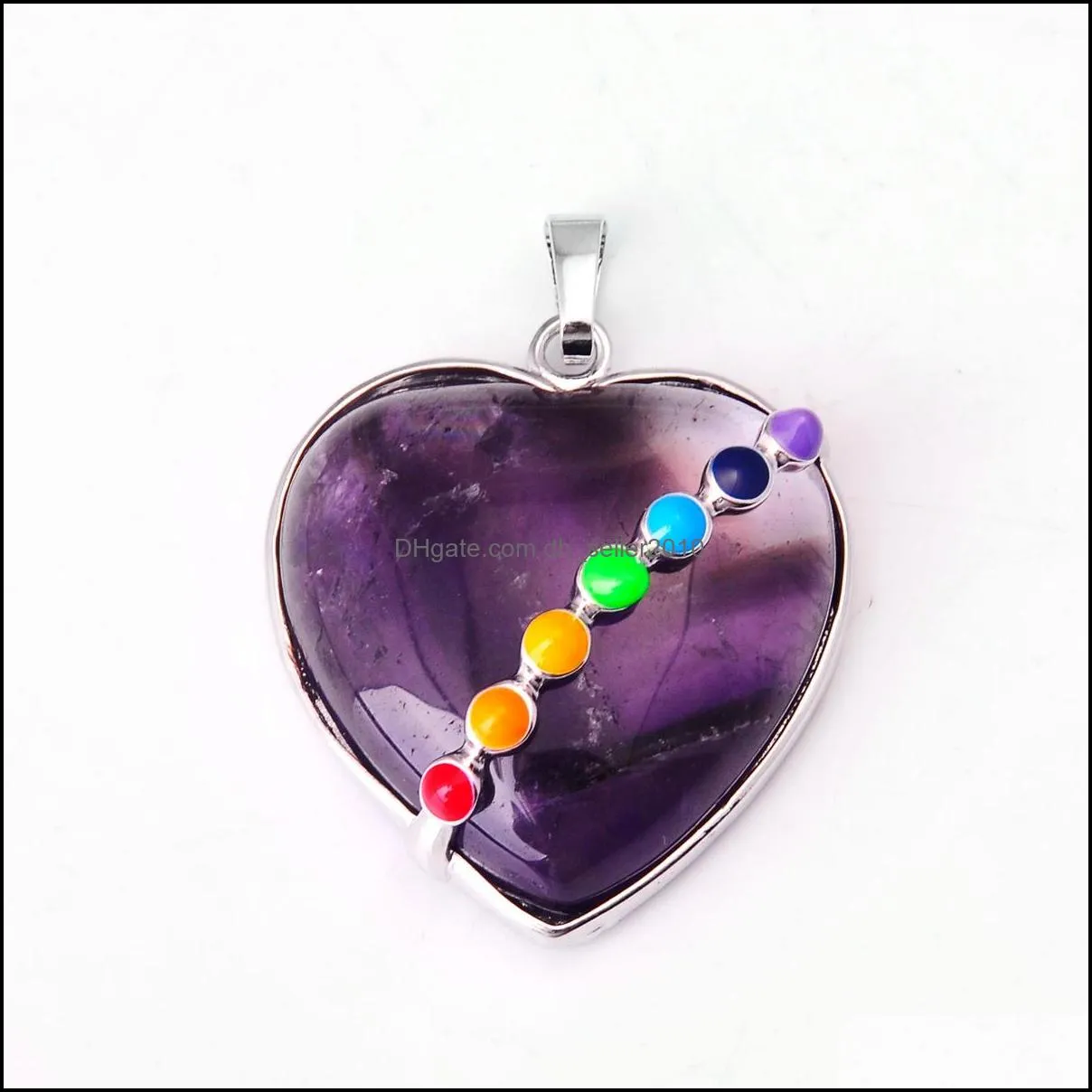 7 Chakra Crystal Heart Shaped Natural Stone Pendants Healing Chakra Reiki Love Charm Bulk for Jewelry Making Amethyst Turquoise