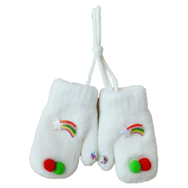 Witte peuter baby kinderen winter gebreide handschoenen cartoon regenboog ster pompom decor dikke pluche gevoerde wanten hand warmer hangende vijf ving