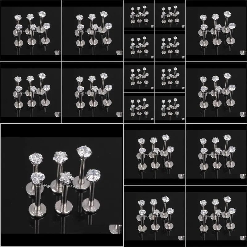 1.2x8x3mm 16g silver internally threaded prong gem labret lip piercing zircon labret ring tragus earring