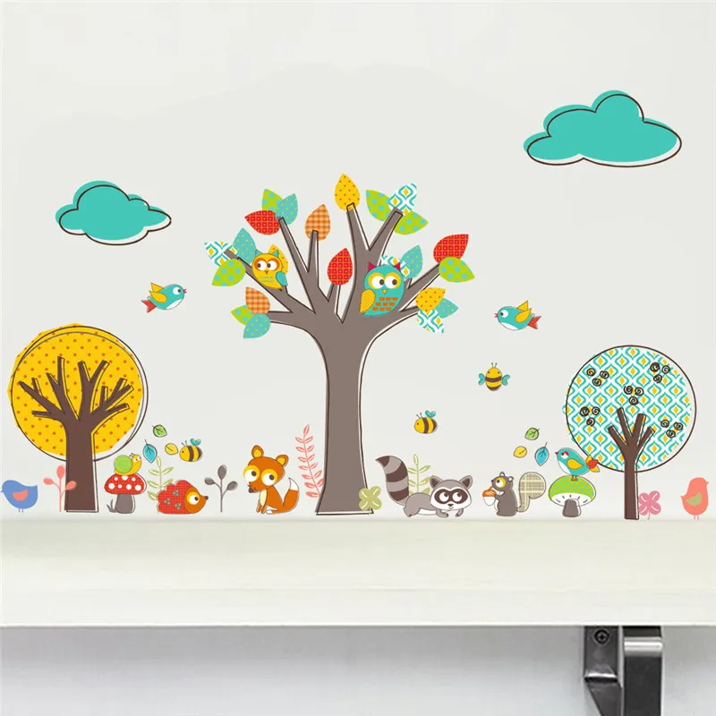 Arbre de forêt coloré Jungle Animaux Hiboux Stickers muraux pour chambres d'enfants Nursrey Enfants Chambre Décor Wall Decal Mural Poster 210420