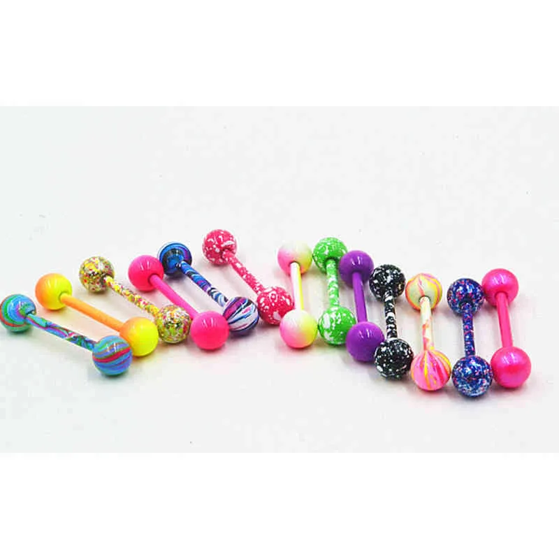 100pcs Body Jewelry Piercing Tongue Ring Barbells Nipple Bar 14g ~1 .6mmx16mmx6mm Mix Nice Colors Christmas Gift
