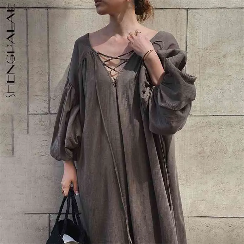 SHENGPLLAE Robe minimaliste Femme Spring V-Col à lacets de grande taille à manches longues à manches longues simples Maxi Robes Femme 5B277 210427