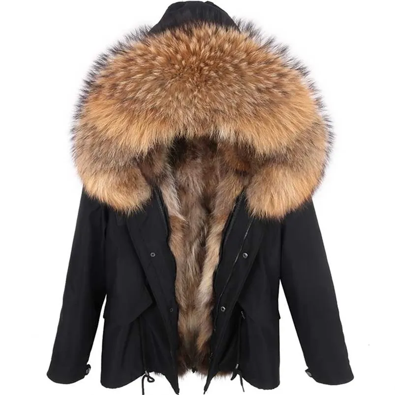 Russo natural forro de pele parka casaco de pele real jaqueta de inverno mulheres natural gola de pele de guaxinim quente grosso parkas 211122