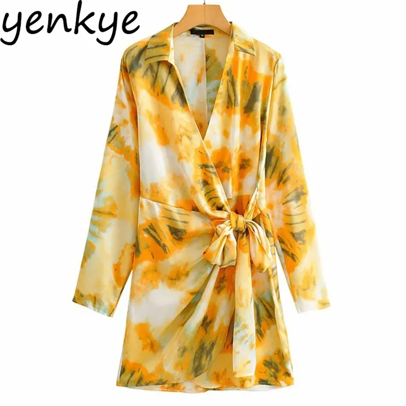 Multicolor Tie-dye Stampa Allacciatura Abito avvolgente Donna Manica lunga Croce scollo a V Asimmetrico Corto Moda Autunno vestido 210514