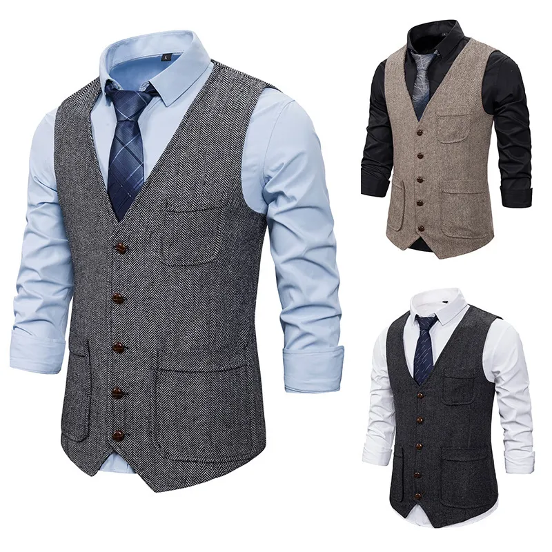 Herringbone Tweed Mens Waistcoat 공식 비즈니스 캐주얼 슬림 피트 조끼 결혼식 파티 남자 Gilet Suit Vest Hombre 레트로 코트 210524