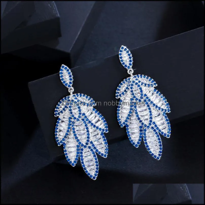 Dangle & Chandelier CWWZircons Luxury Full Blue Cubic Zirconia Pave Big Long Feather Leaf Earrings For Women Statement Wedding Jewelry