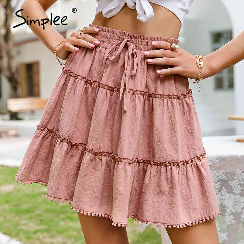 Ruffled Solid women a-line mini summer Elastic high waist bud skirts female Holiday fashion skirt lace up ladies 210414