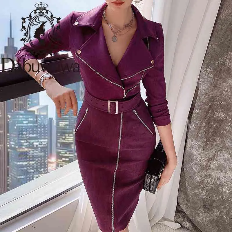 Dabuwawa Sexy Bodycon Pencil Dress Kvinnor Långärmad Zipper Sash StreetWear Solid Klänningar Kvinna Vår Höst Do1adr006 210520