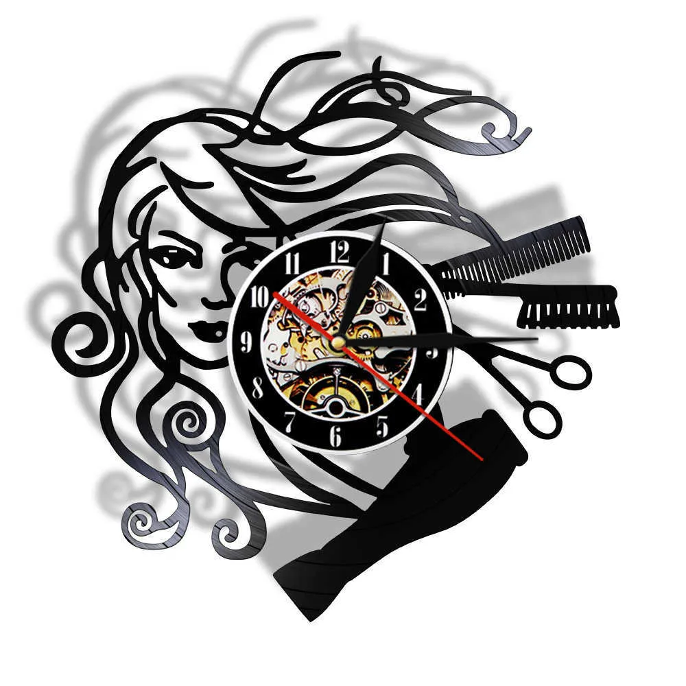 Moderne Barbershop Vinyl Record LED Wandleuchte Uhr Hängende Friseur Uhr Zegar Scienny Für Frisur Schönheitssalon 210724