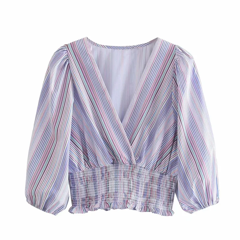 Elegant purple puff sleeve women's blouse V-neck chic striped vintage shirt for lady Slim fahsion short tops female 210430