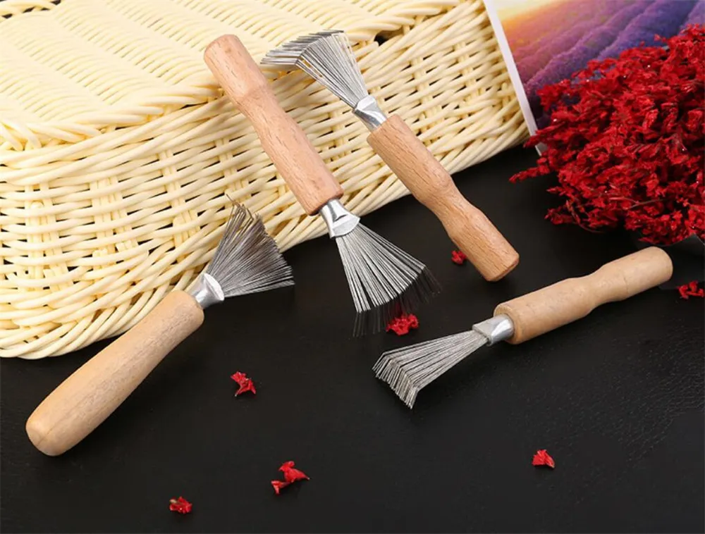 Factory Hair Brush Cleaner Cleaning Tool Comb Brushes Mini Dirt Remover Metal Wire Rake Wooden Handle