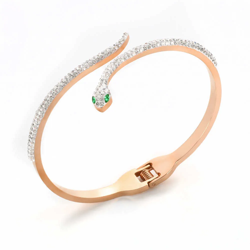 Snake Green Eye CZ Crystal Spring Clasp Stainless Steel Gold