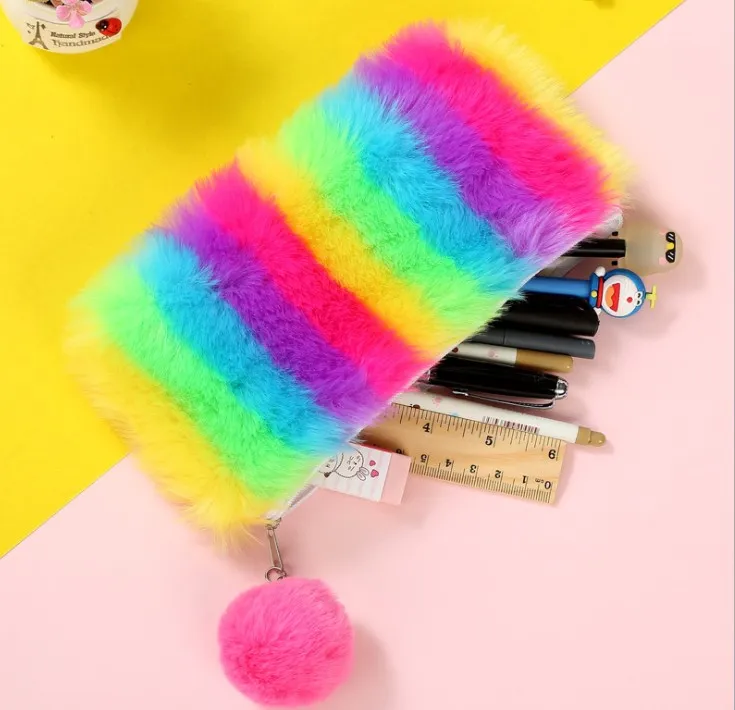 Rainbow Colors Purse Fashion Plush Pen Bag Student Stationery Pencil Pouch Box Girls Coin Purse Pendant Cute Pompom Ball Zipper