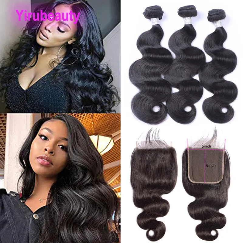 Peruaans 100% echt haar Body Wave 3 bundels met 6x6 vetersluiting Maagdelijke haarextensies met sluitingen met babyhaar 10-30 inch