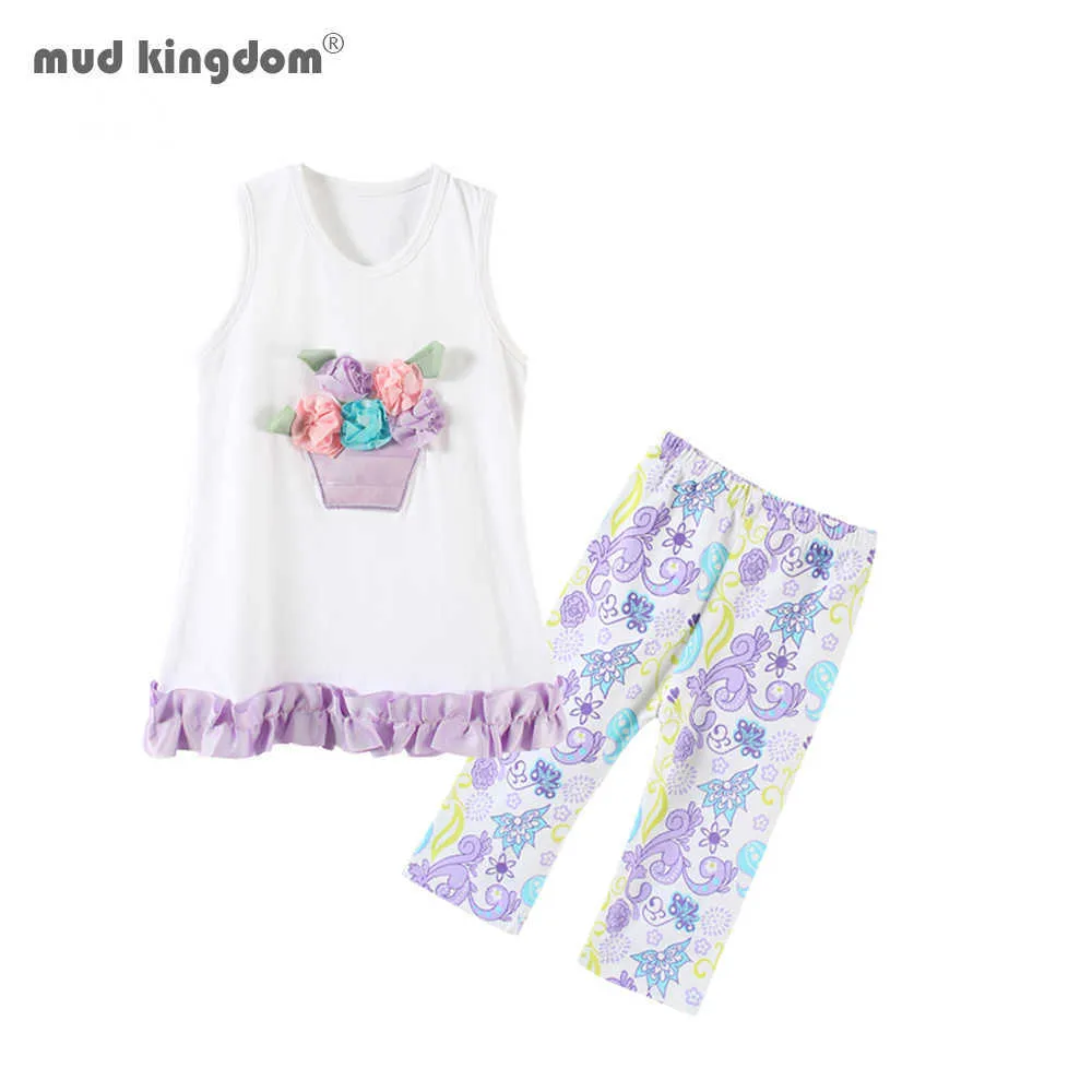 Mudkingdom Toddler Girls Outfits Летние без рукавов 33 цветы милые напечатанные ленты детские одежды 210615