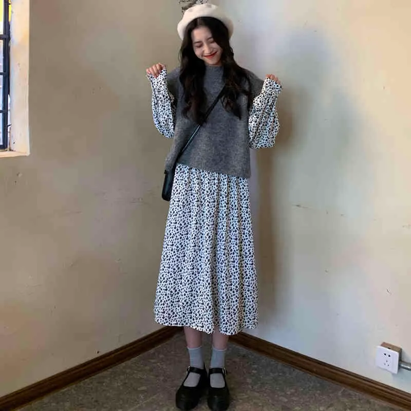 Otoño e invierno estilo coreano Split punto color sólido gris chaleco sin mangas suéteres y jerseys para mujer (C2120 210423