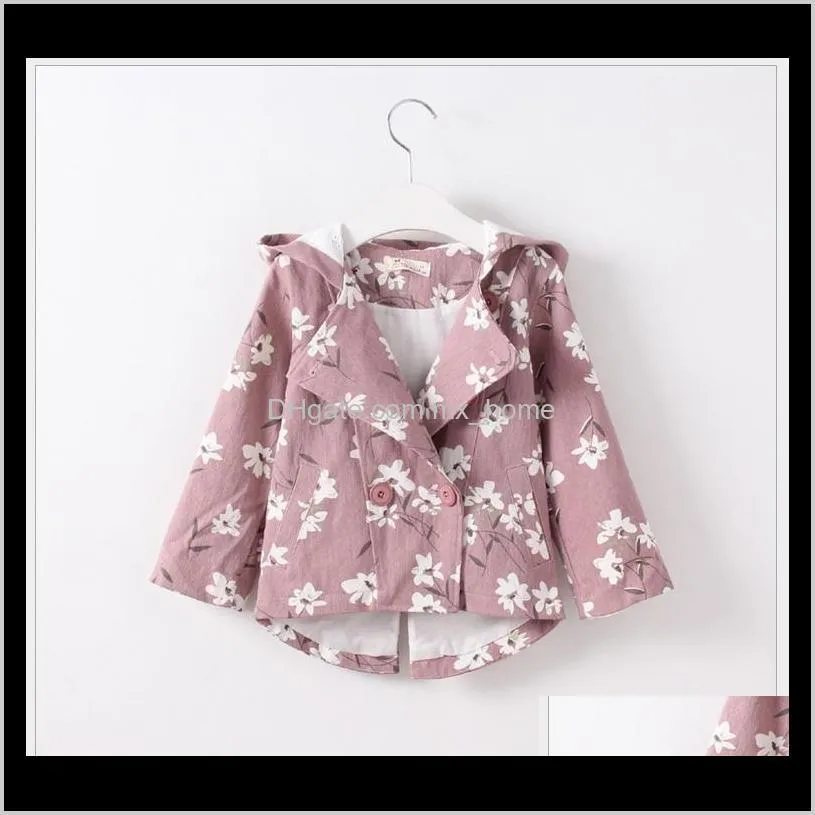 2016 autumn winter new fashion girl floral printing coats baby girls double breasted hooded jackets children princess windbreaker