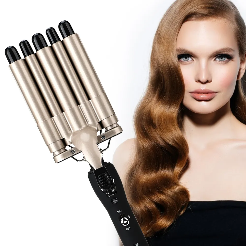 Curls Hair Ferro Encrespador 5 Barril Varinha Ondulado Cabelo De Ferro Ondas Cabelo Waver Crisper Temperatura Ajustável Encrespador Automático