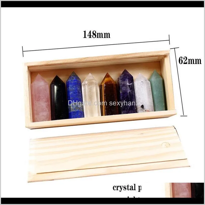 1set wooden box gift box high quality decorative natural hand carved crystal points quartz wand pillar for sale heal qylevw