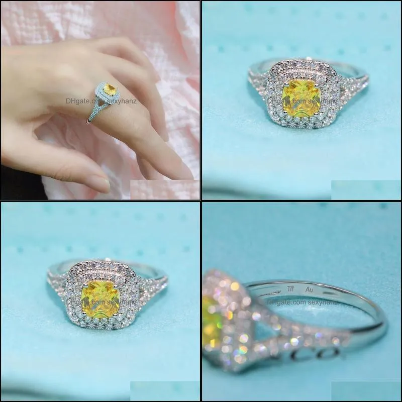 Wedding Rings Original Fashion Real925 1:1 LOGO Multilayer Yellow Square Stone TIF Ring Ladies Jewelry Ity Proposal Gift