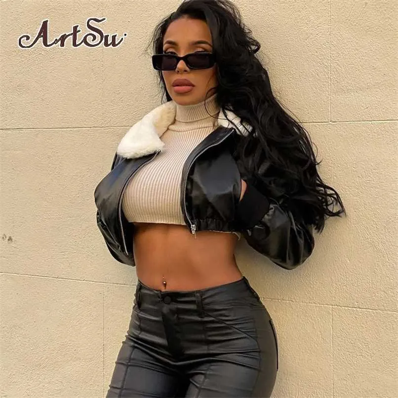 Artsu Z Długim Rękawem Zip Up Solid Fur Ruched PU Skórzana Kurtka Jesień Zima Kobiety Moda Streetwear Casual Stroje 42399 211109