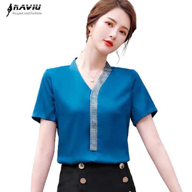 قميص أزرق المرأة أزياء مزاجه الراقية تصميم الحرير قصيرة الأكمام البلوزات offfice السيدات عارضة العمل قمم 210604