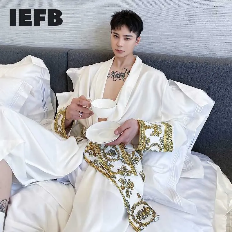 IEFB Satin High-end Personality Korean Japanees Trend Robe Wearing Windbreaker Mid Length Men's Coat Black White 9Y6535 211011