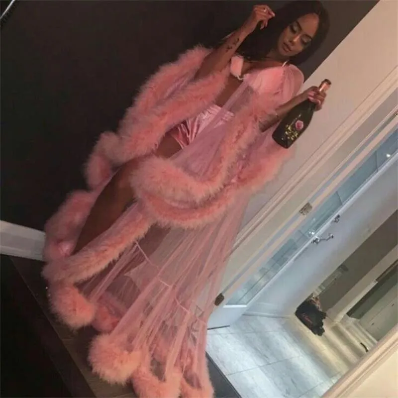 Customise Pink Women's Prom Dresses Fur Edge Long Party Gowns See Thru Sexy Maternity Photography Dress