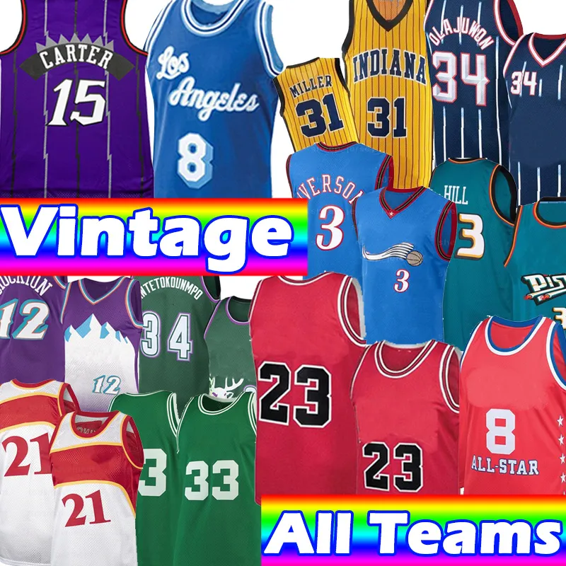 Retro koszulki do koszykówki Vintage Los 23 8 Angeles Iverson Vince Allen Carter Jersey Steve Malone McGrady Hakeem Nash Olajuwon Ray Garnet Miller Hill Rodman koszula top