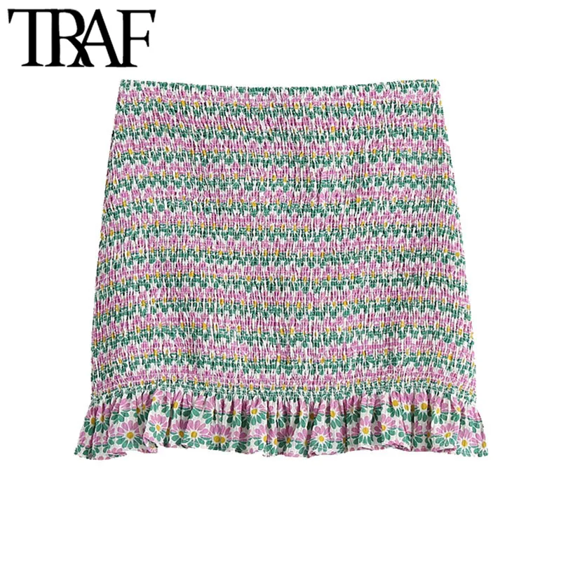 Traf Women Chic Fashion Floral Print SMOCKED ELASITC MINI kjol Vintage Hög midja Ruffled kvinnliga kjolar Mujer 210415