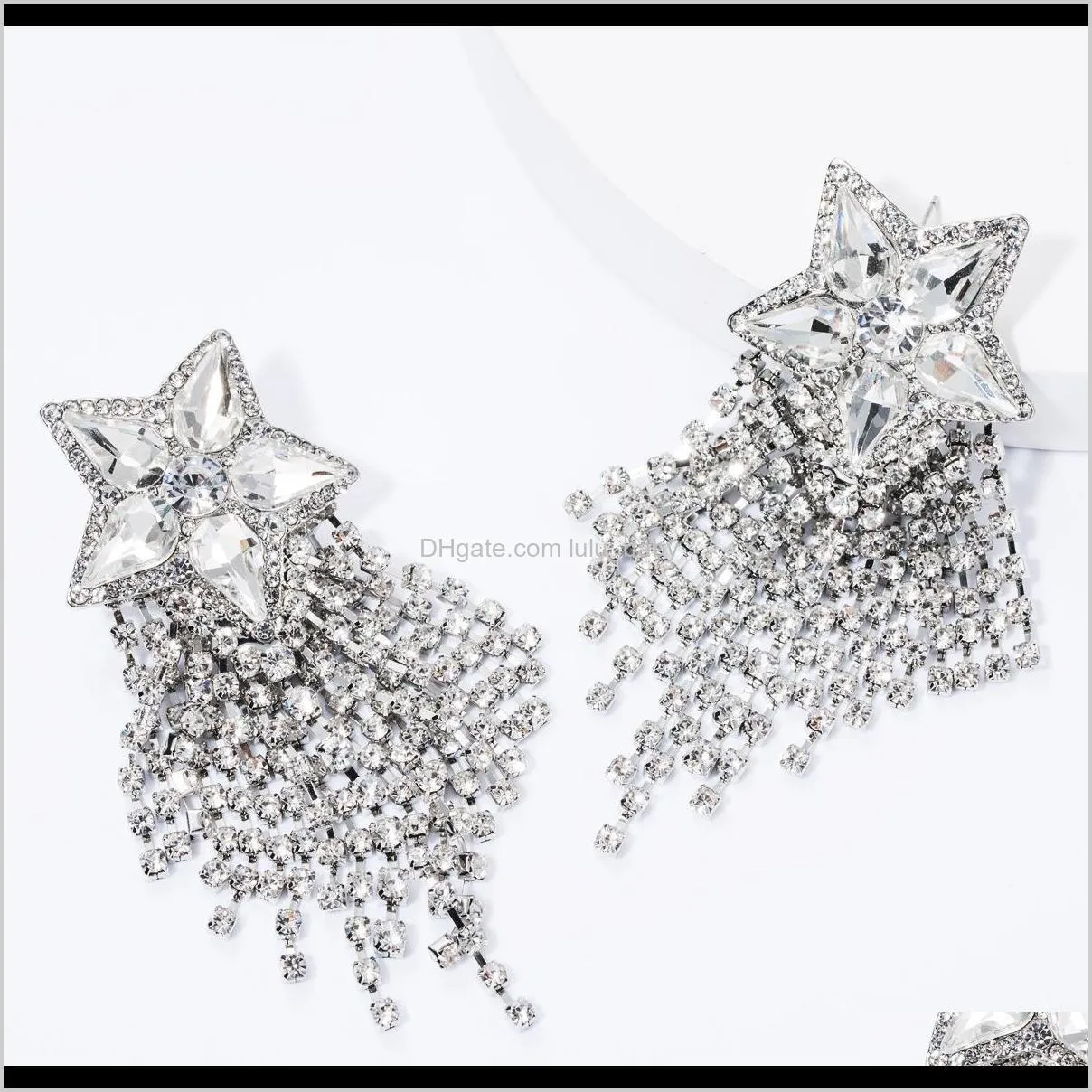 exaggerated wind diamond glass diamond five-pointed star rhinestone tassel earrings women`s fashion super flash full diamond banquet
