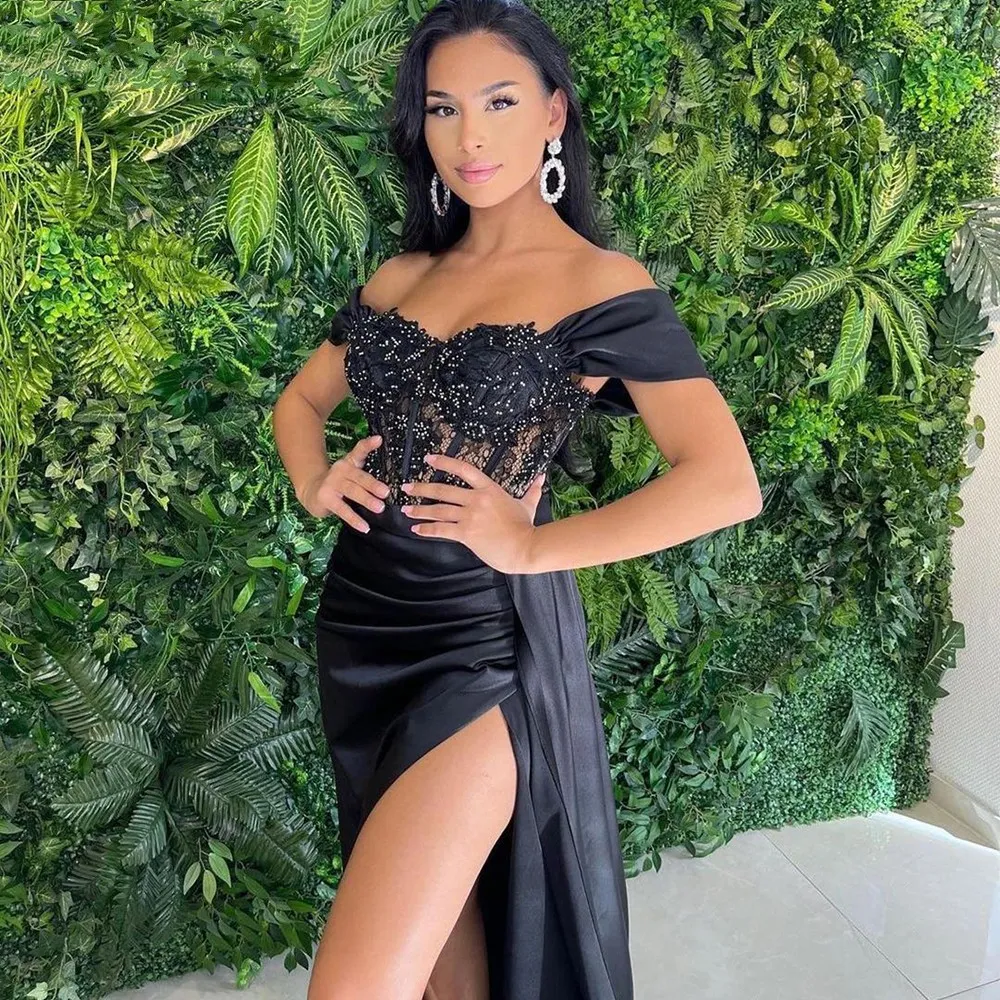Black Mermaid Evening Dress Satin Gown with Beaded Lace Pleats and Sweep  Train Off-Shoulder Sleeveless Formal Prom Gown from Dhgate Evening Dresses  - price 105.53