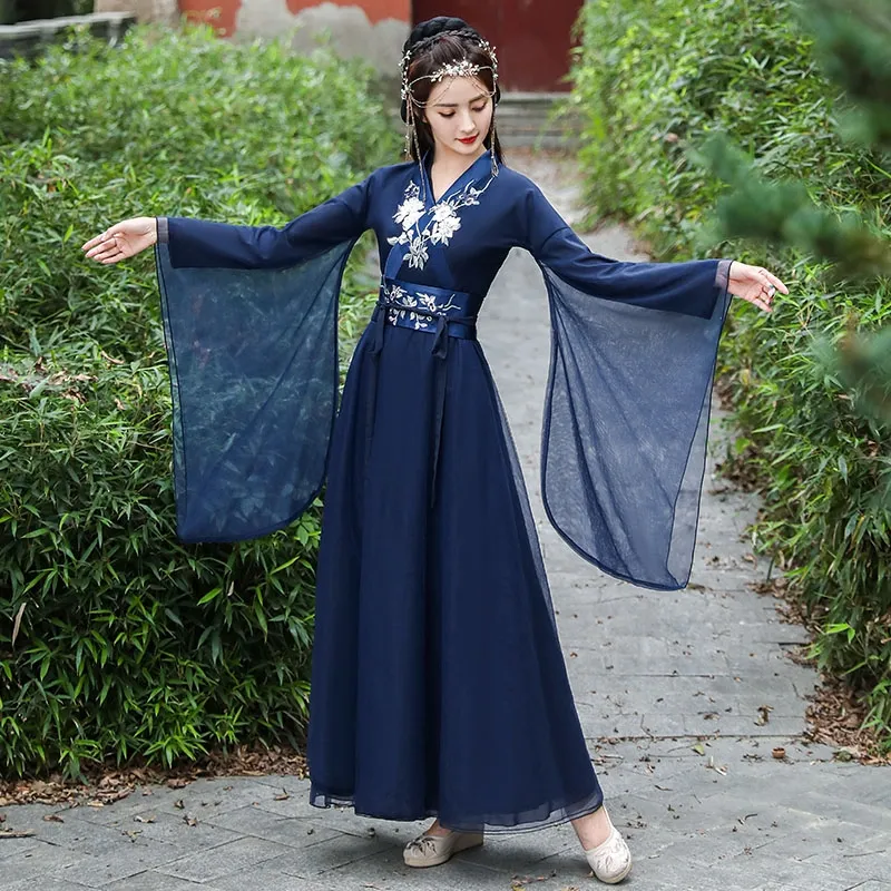 Kvinnors Hanfu Kinesiska Klänningar Cosplay Fairy Elegant Klänning Ancient Style Kvinna Klassisk Folk Dans Steg Använd Blå Kostym
