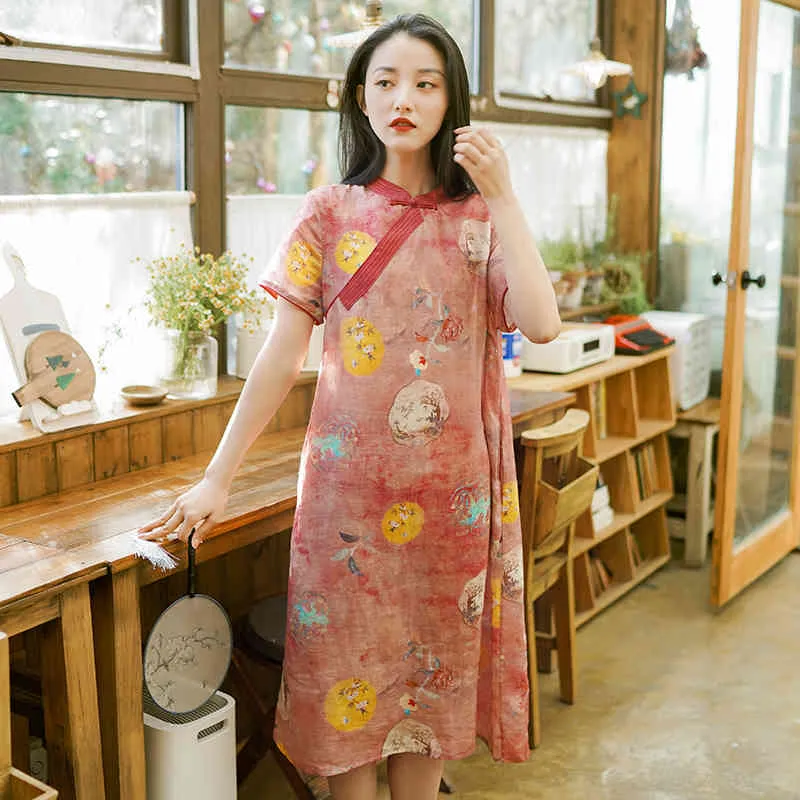 Johnature Chinese Style Print Floral Dresses For Women Ramie Stand Short Sleeve Cheongsam Summer Female Vintage Dress 210521