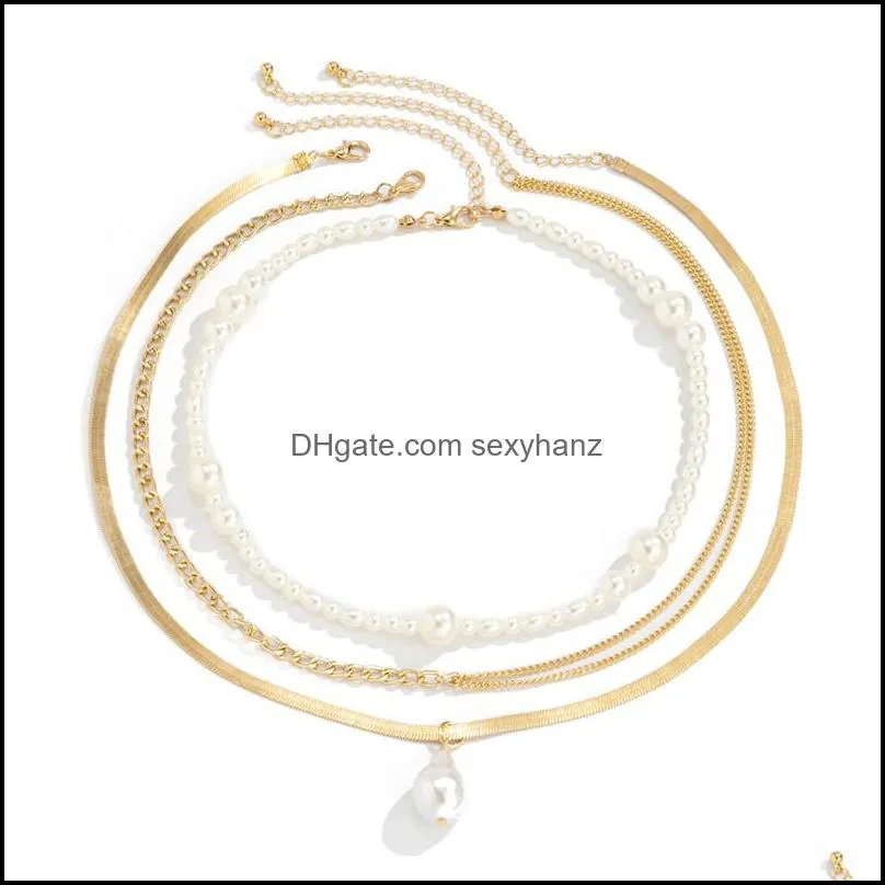 European Baroque Imitation Pearl Beaded Necklaces Women Hip Hop Gold Snake Chain Multi Layer Party Dress Gift Copper Necklace Jewelry Accessories