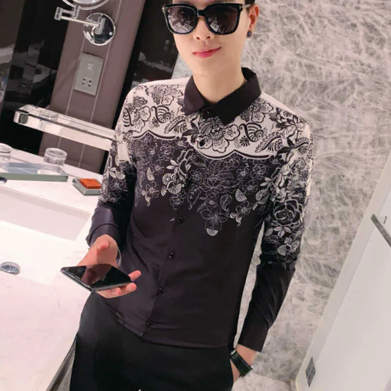 Baroque Shirt Men Long Sleeve Slim Fit Casual Mens Dress Shirts Spriing Print Streetwear Club Party Clothing Chemise Homme 210527