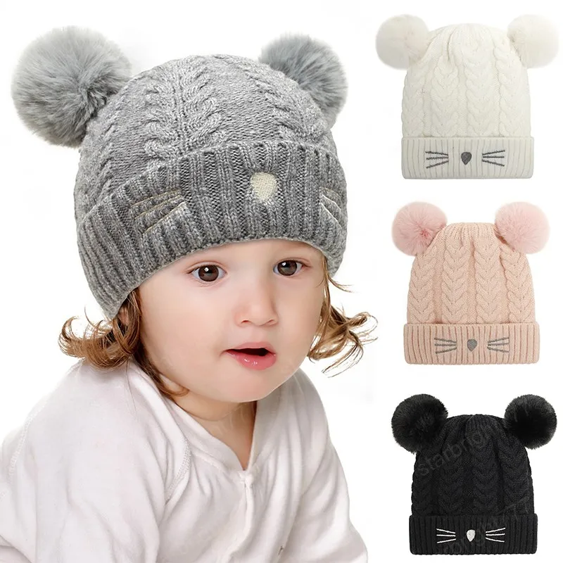 Tecknad katt dubbel pompom baby hatt höst vinter varmt barn flicka pojke stickad keps mjukt tjockt virka nyfödda toddler mössa bonnet