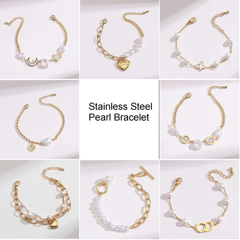 18K guldpläterad rostfritt stålkedja romersk nummer pärla charm armband för kvinnor gåva