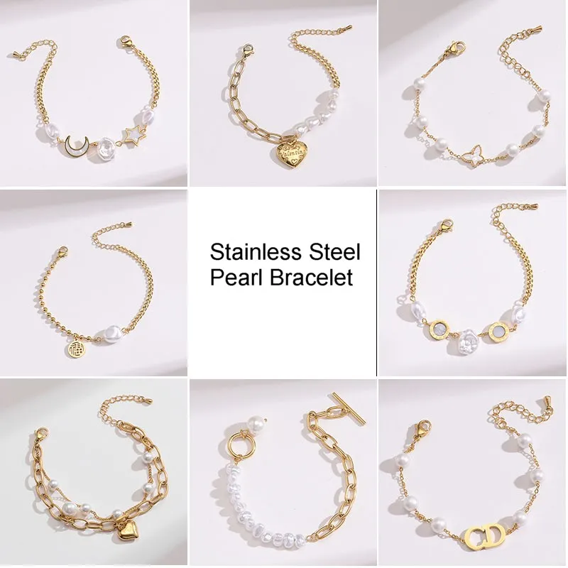 18K Gold Plated Stainless Steel Chain Roman Number Pearl Charm Bracelet for Women Gift