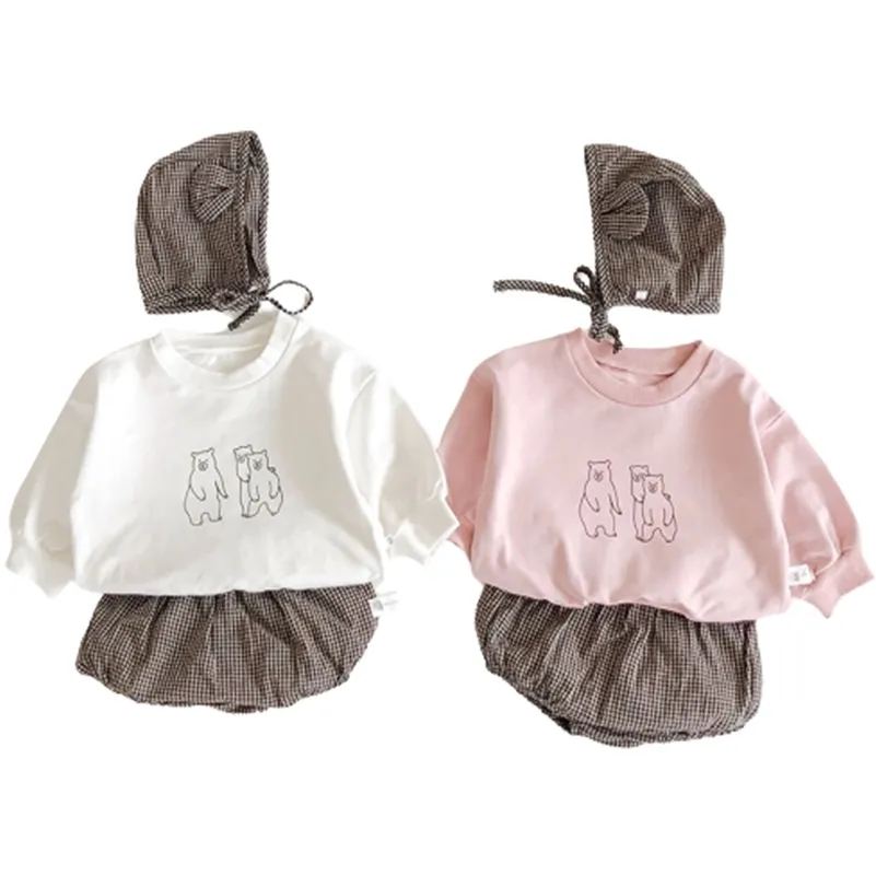 Born Summer Twin Girls Boy Suit Cotton Cartoon Bear T-shirt+ Hat + Grid PP Shorts Baby Girl Clothes 3Pcs 210417