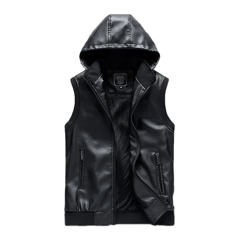 Idopy Winter Warm Men`s Biker Faux Leather Waistcoat With Hood Fleece PU Sleeveless Jacket Hoodie Zippers Men's Fur &