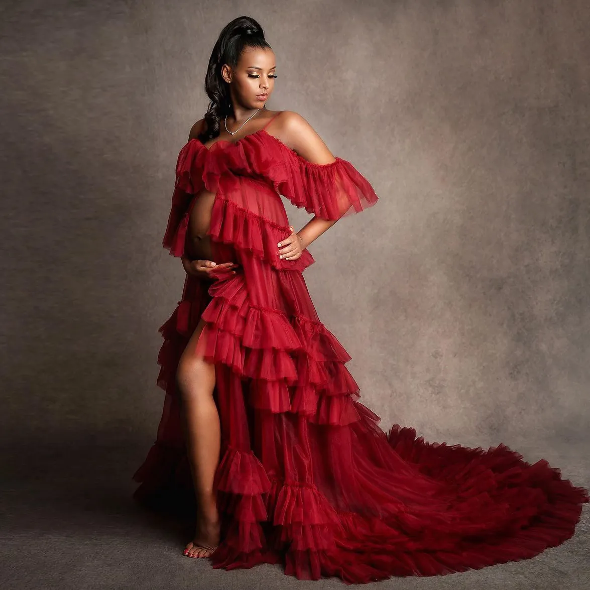 Modest Dark Red Prom Gowns Maternity Dress for Photoshoot Ruffled Tulle Off the Shoulder Baby Shower Shooting Dresses Women Robe