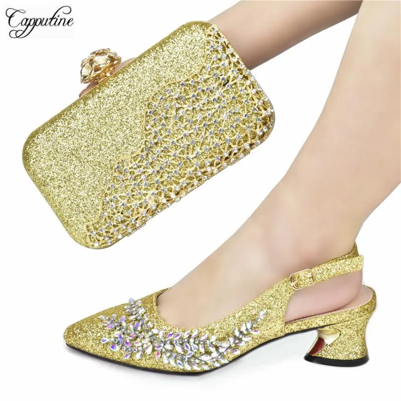 Sapatos de vestido Senhoras e saco set para mulheres moda ouro africano salto alto as bombas combinam com bolsa de bolsa de bolsa 938-40 5.5cm