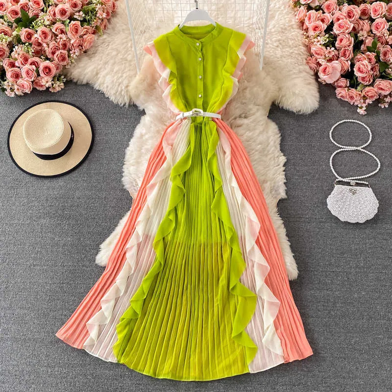 Yaz Ince Büyük Salıncak Ruffled Standı Şifon Pileli Elbise Kadınlar Tek Göğüslü Moda Zarif Kore Chic Maxi Vestido 210610