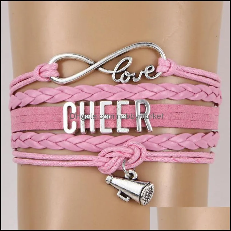 Bracelets de charme Bijoux Cheer Lettre Corne Sports pour Femmes Hommes Pom-Pom Girl Signe Weave Cuir Corde Wrap Bracelet Mode DIY Cadeau Drop Livrer