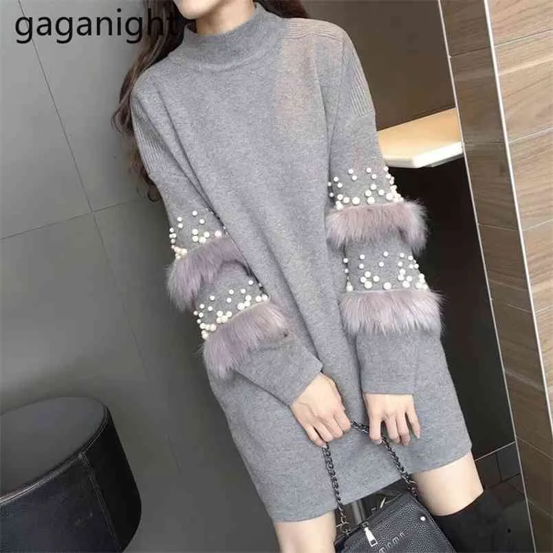 Elegant Women Long Sweater Beading Fuzzy Sleeve Solid Autumn Winter Pullovers Chic Korean Fashion Pull Femme 210601