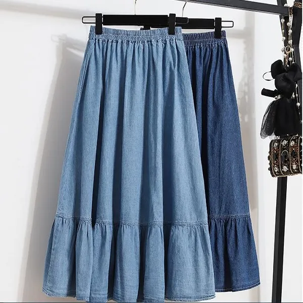 التنانير النساء ماكسي الأزرق الدنيم تنورة مطوي 2021 الخريف الشتاء الربيع سليم الخصر طويل جينز عارضة مكتب السيدات