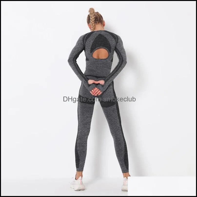 Yoga Outfits Women Seamless Set Gym Clothing Fitness Leggings Cropped Shirts Sport Suit Long Sleeve Tracksuit Active Wear #2002