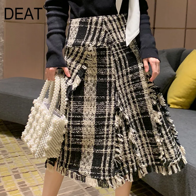 Vita alta Nero Plaid Burrs Vintage Tweed Tessuto mezzo corpo Gonna lunga Moda donna Marea Primavera Autunno 2F0302 210421